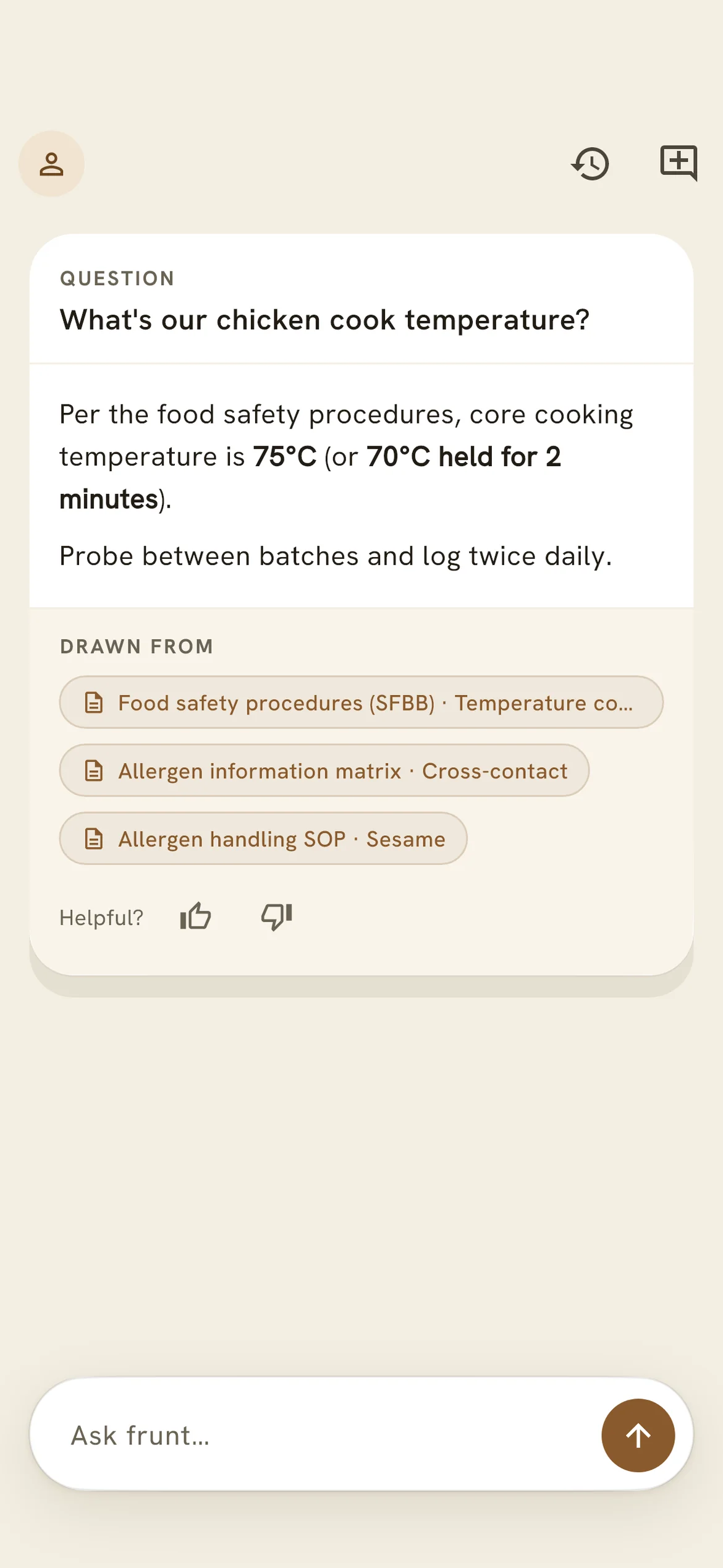 The frunt staff app on an iPhone, answering a staff member's question from the venue's own documents, with the source underneath.
