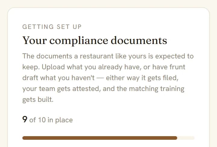 frunt's compliance documents card: 9 of 10 in place, with a progress bar.