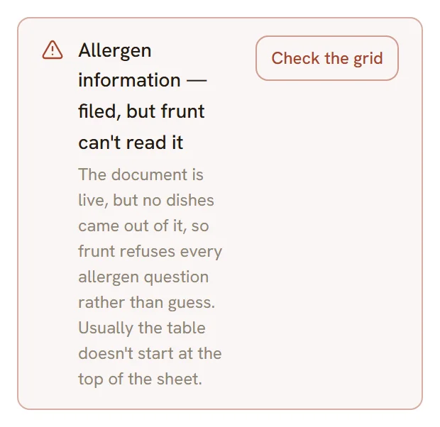 frunt's warning: allergen information filed, but frunt can't read it, so it refuses every allergen question rather than guess.