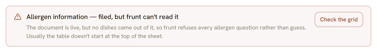frunt's warning: allergen information filed, but frunt can't read it, so it refuses every allergen question rather than guess. A button reads Check the grid.