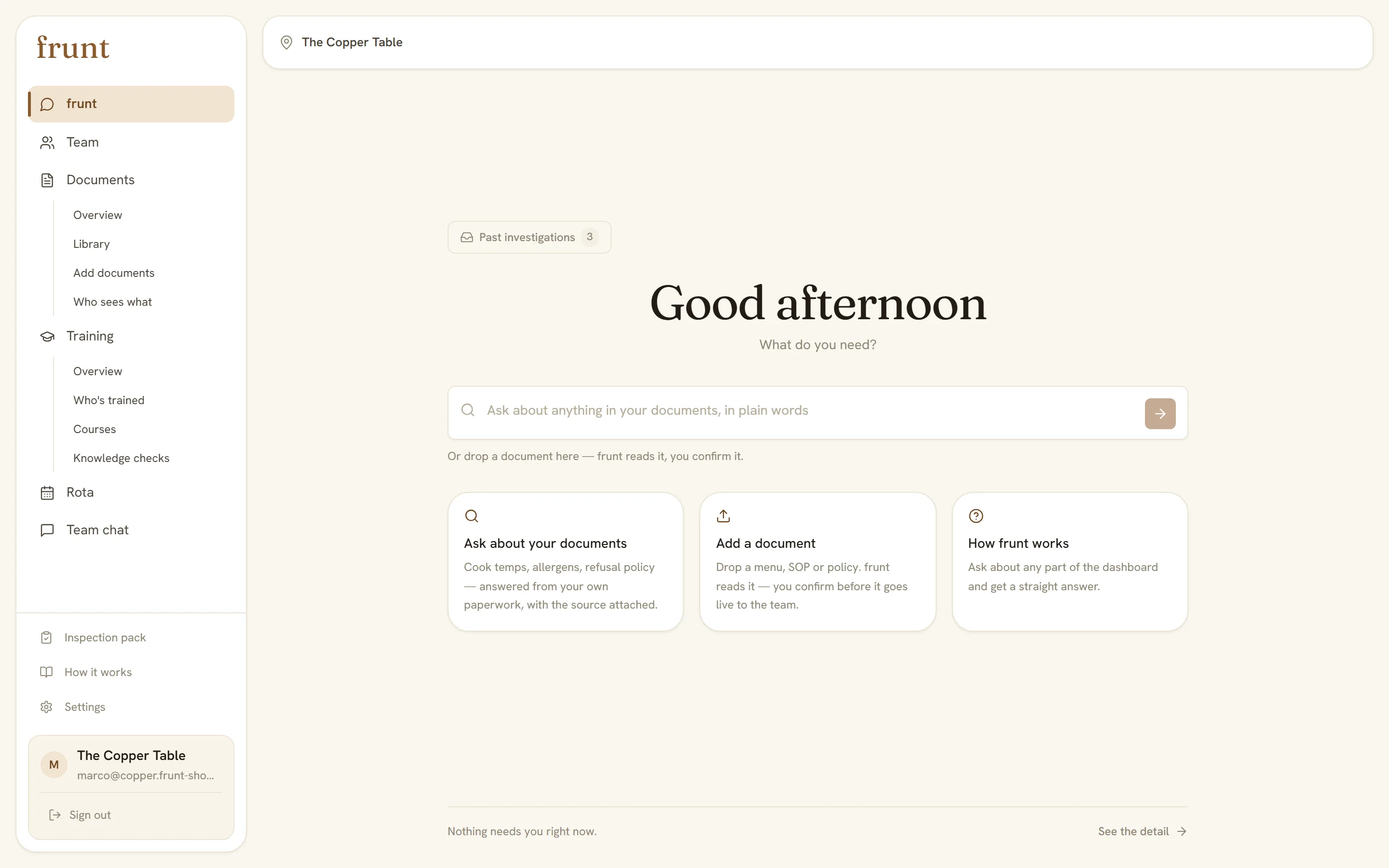 The frunt manager dashboard in a browser, open on the page where a manager speaks to frunt.