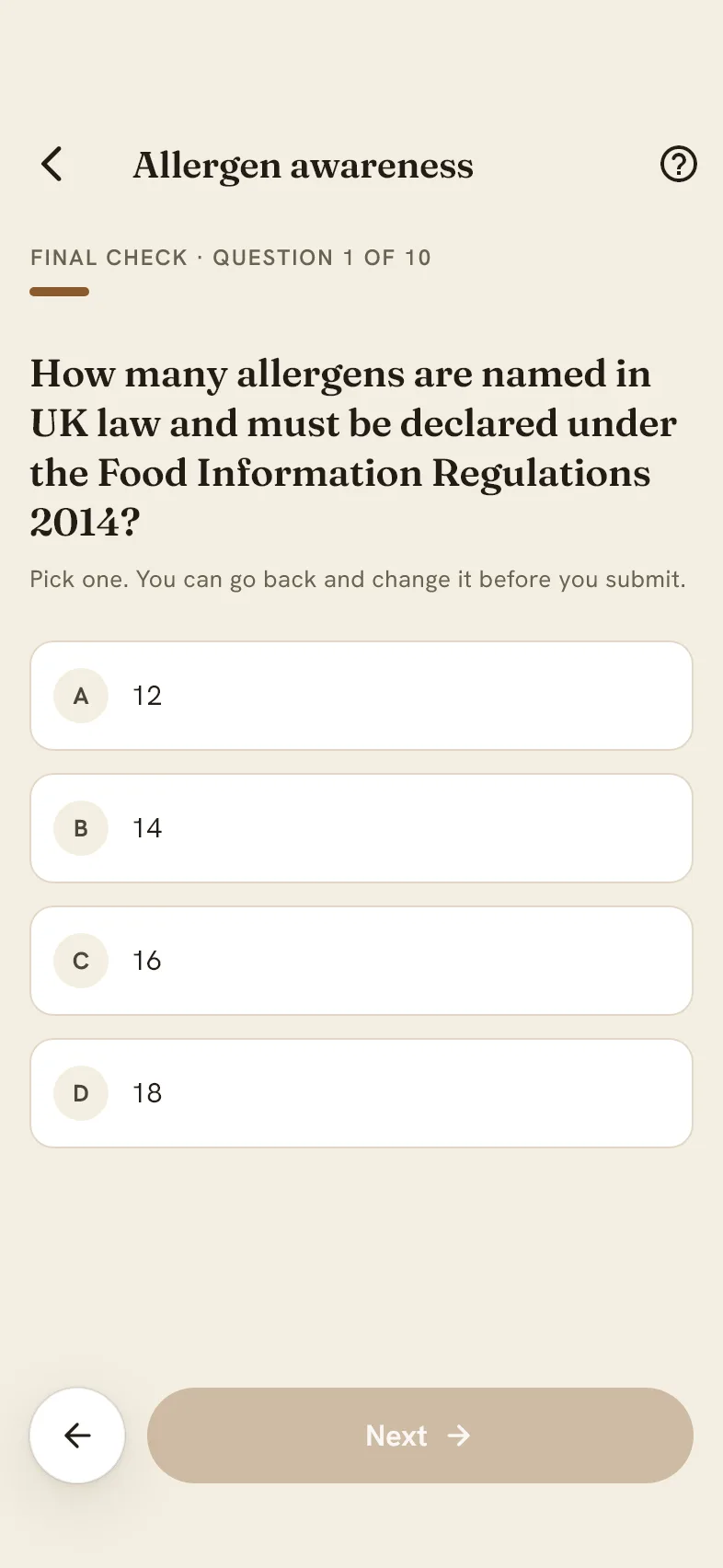 The first question of the final check in the frunt app: how many allergens UK law names, with four options.