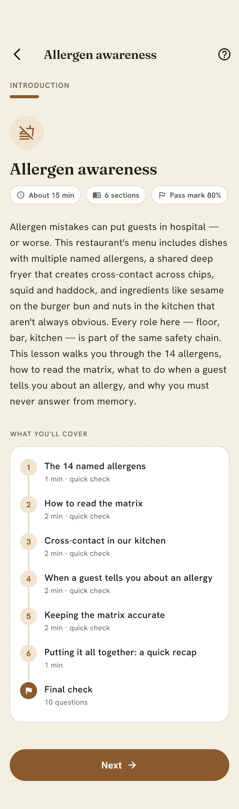 The start of the allergen awareness course in the frunt app: about 15 minutes, 6 sections, a pass mark of 80%, and what it covers.