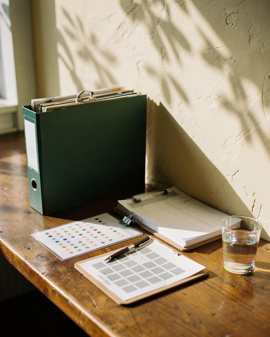 A green lever-arch file bulging with paperwork, a laminated allergen chart and a temperature log on a clipboard, on a wooden counter in afternoon light.