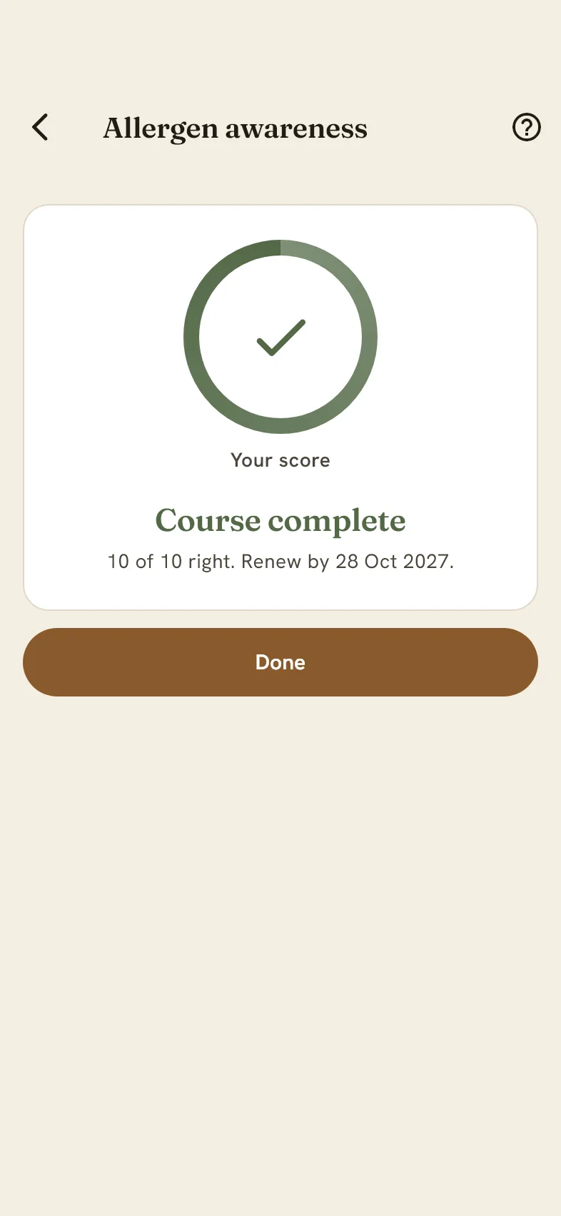 Course complete in the frunt app: 10 of 10 right, renew in a year.
