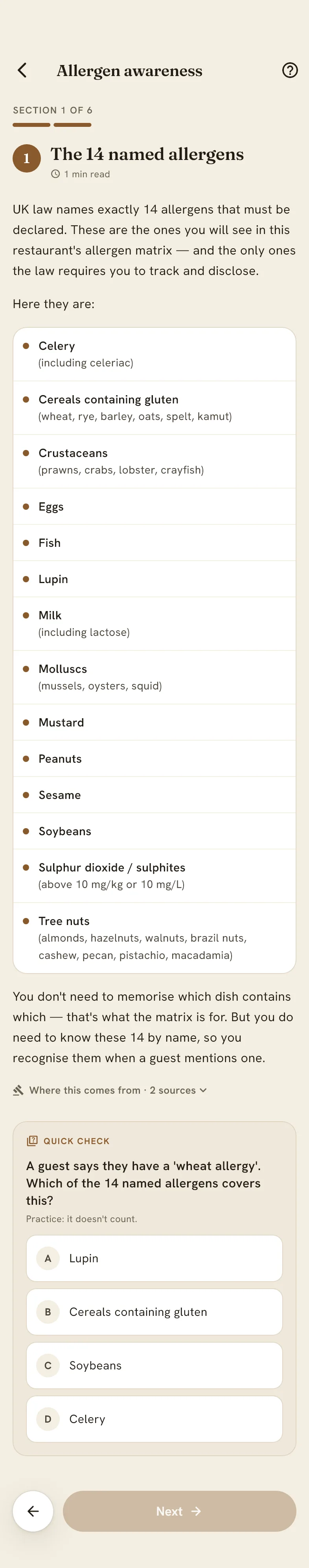 Section 1 of the course in the frunt app, "The 14 named allergens".