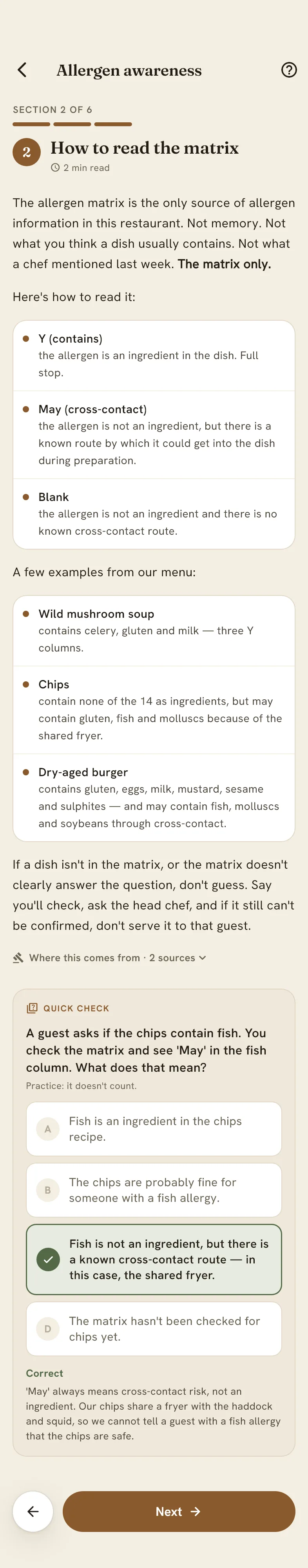 Section 2 of the course in the frunt app, "How to read the matrix", with its quick check answered.