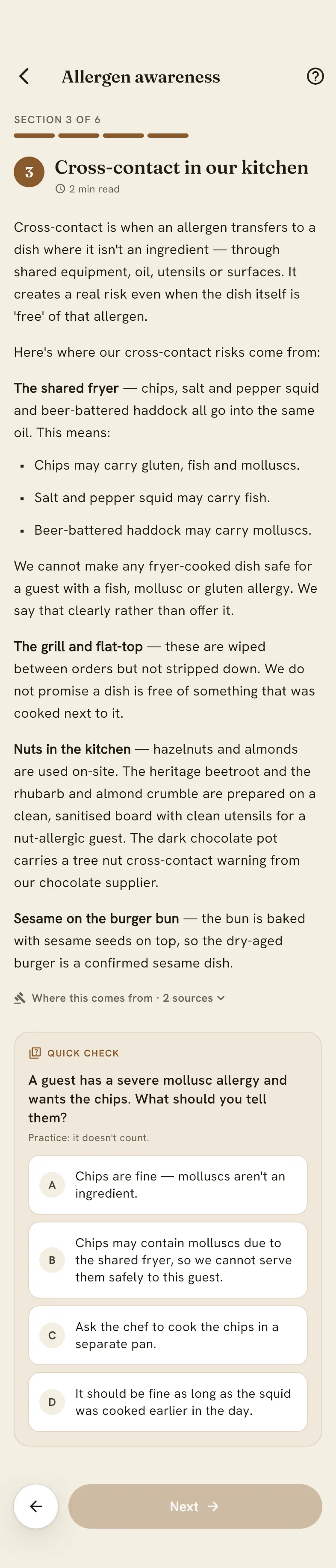Section 3 of the course in the frunt app, "Cross-contact in our kitchen".