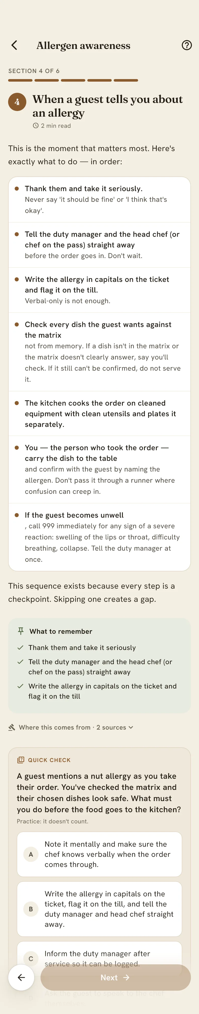 Section 4 of the course in the frunt app, "When a guest tells you about an allergy".