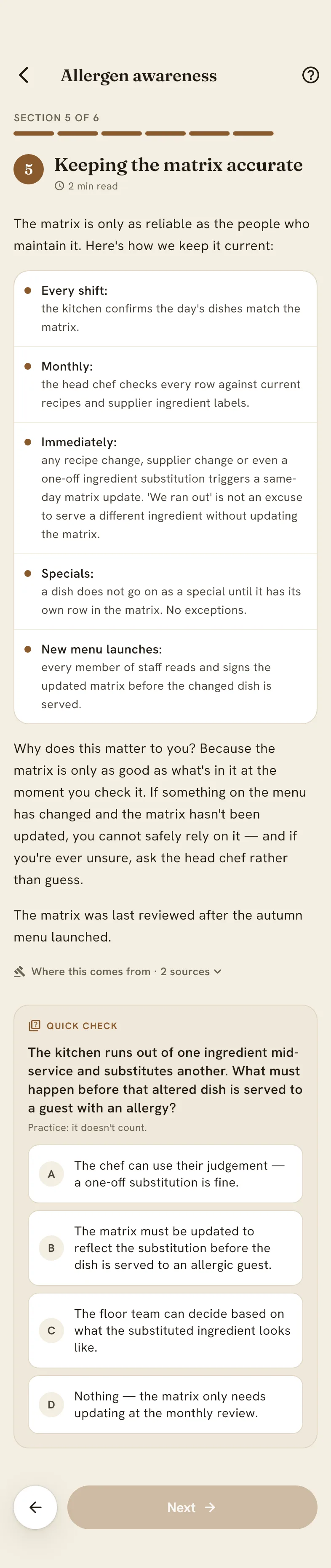 Section 5 of the course in the frunt app, "Keeping the matrix accurate".