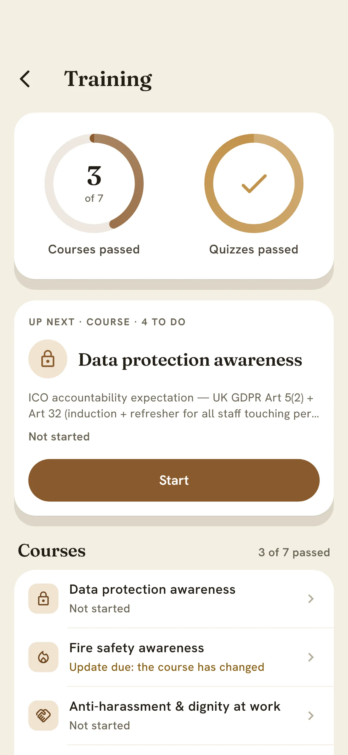 The frunt staff app on an iPhone, showing a staff member's training: courses and quizzes passed, the course up next, and where each course stands.