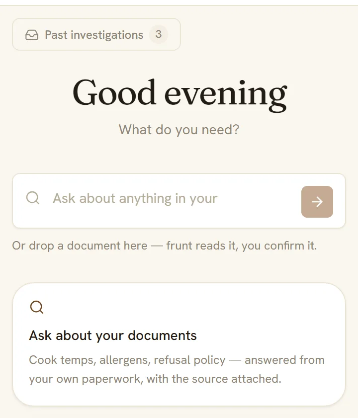 frunt's home screen on a phone: ask about anything in your documents, in plain words.