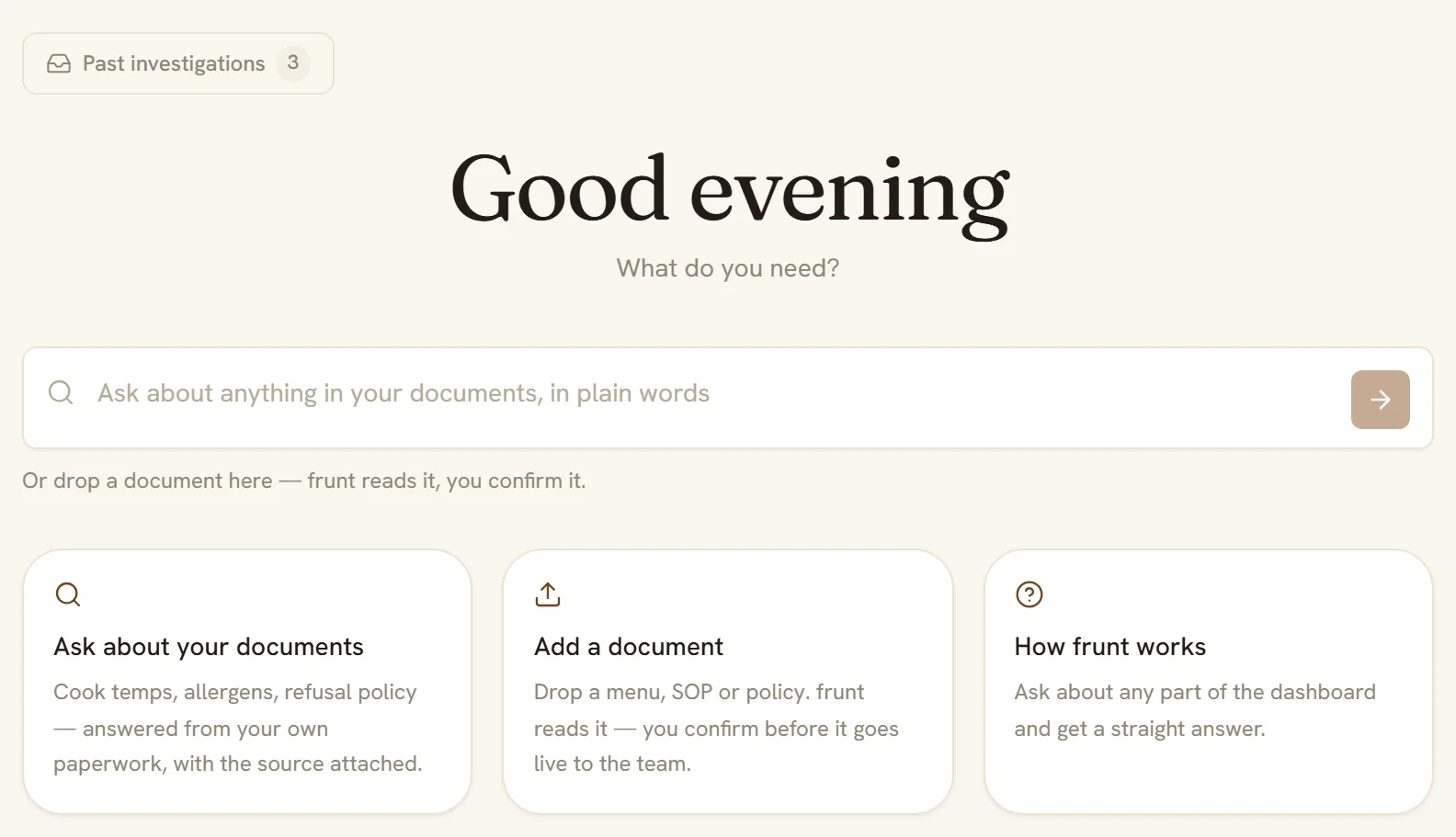 frunt's home screen: Good afternoon, what do you need? A box reads: Ask about anything in your documents, in plain words.