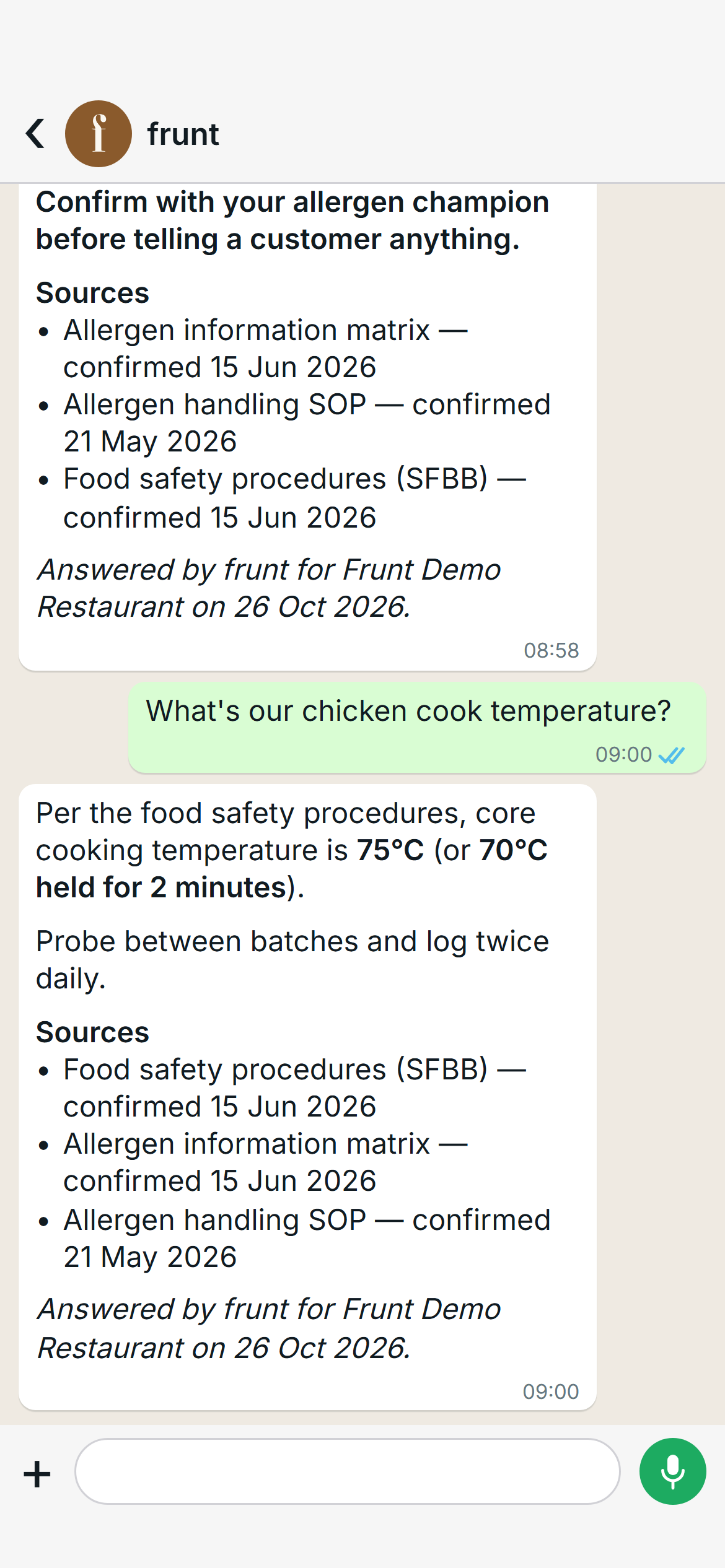 frunt answering on WhatsApp: a question about the venue's documents, and a reply that ends with its sources and the date.